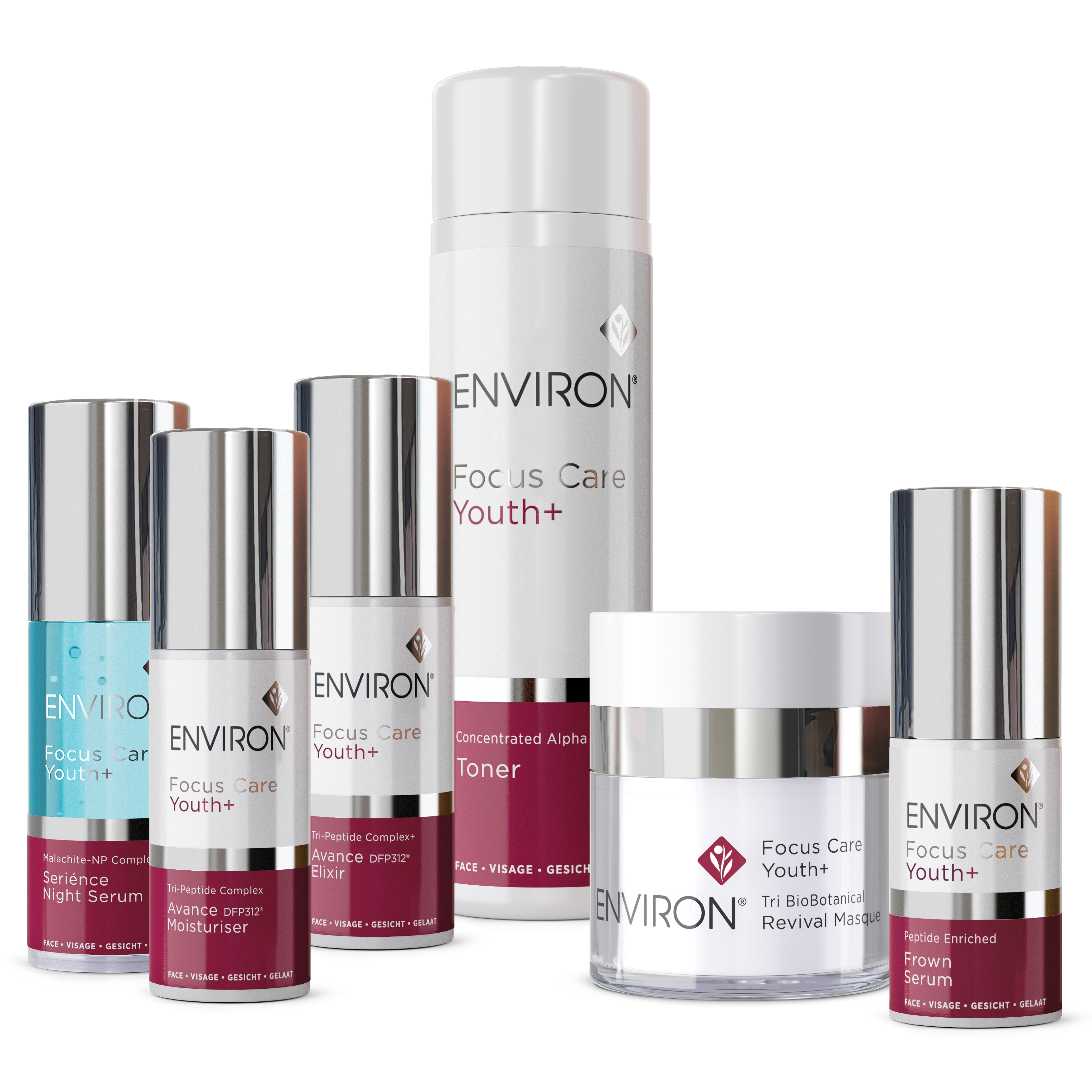 Environ Focus Care Youth+ range including Avance Moisturiser, Avance Elixir, Serience Night Serum, Concentrated Alpha Toner, Tri BioBotanical Revival Masque and Frown Serum