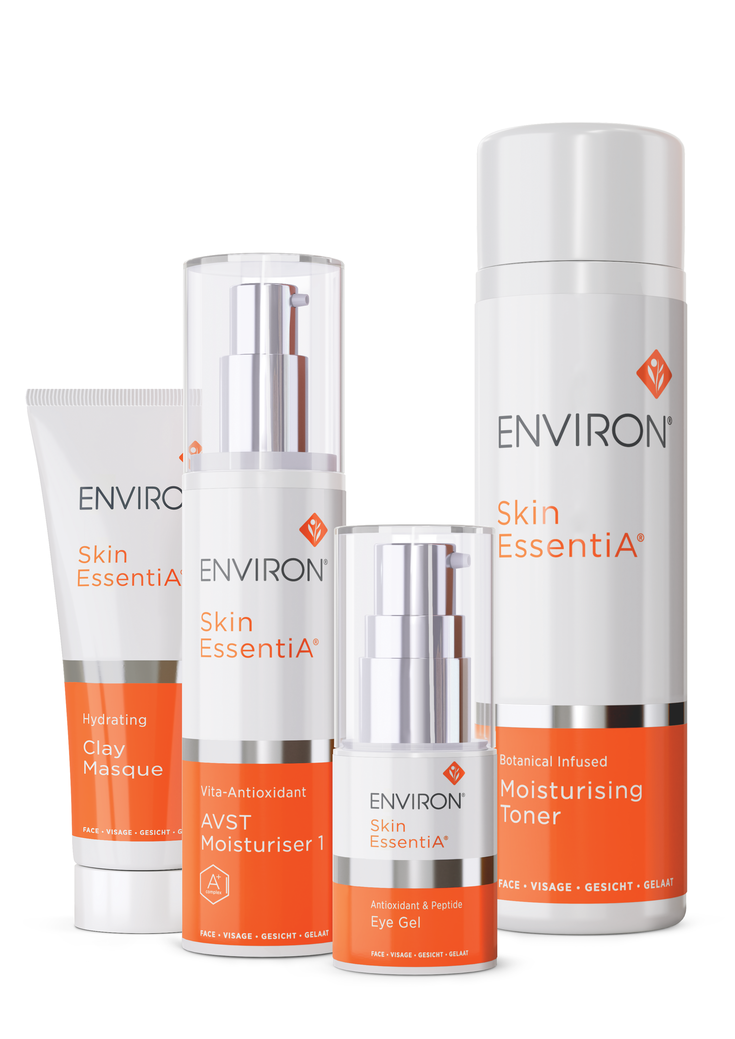 Environ Skin EssentiA range including Hydrating Clay Masque, AVST Moisturiser 1, Antioxidant & Peptide Eye Gel and Botanical Infused Moisturising Toner